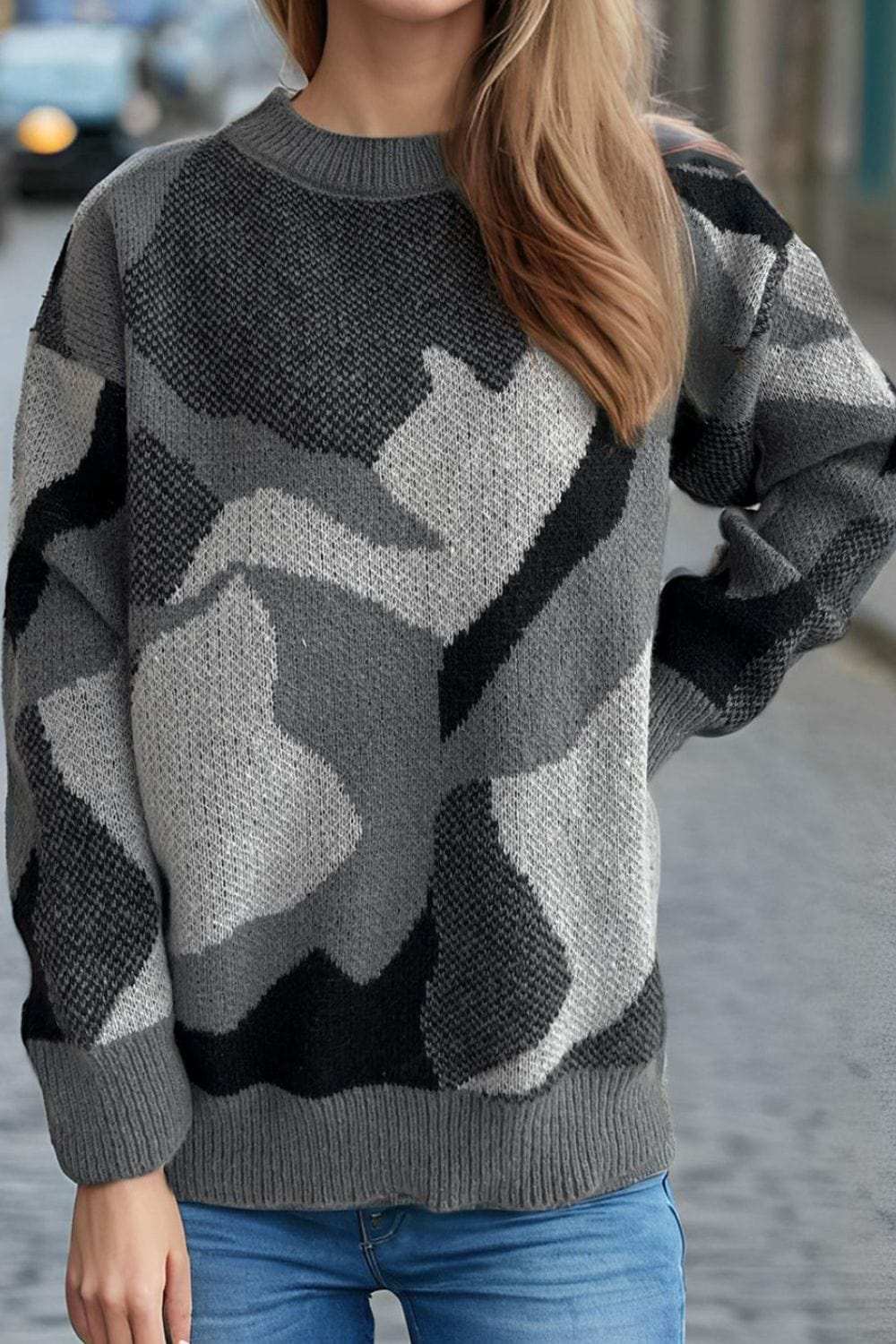 Contrast Round Neck Long Sleeve Sweater - Trendsi - Flyclothing LLC