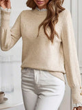 Lace Trim Button Cuff Long Sleeve Sweater - Trendsi - Flyclothing LLC