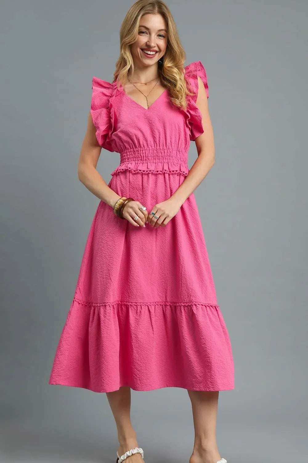 Umgee V-Neck Ruffled Cap Sleeve Midi Dress - Trendsi - Flyclothing LLC