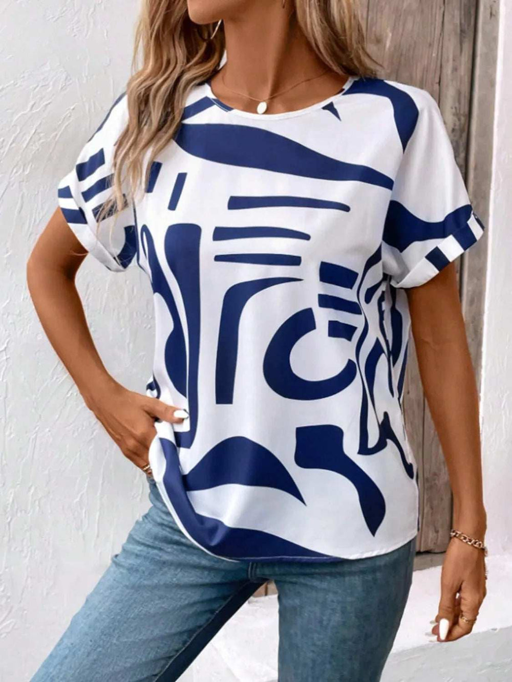 Contrast Round Neck Short Sleeve Blouse - Trendsi - Flyclothing LLC