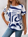Contrast Round Neck Short Sleeve Blouse - Trendsi - Flyclothing LLC