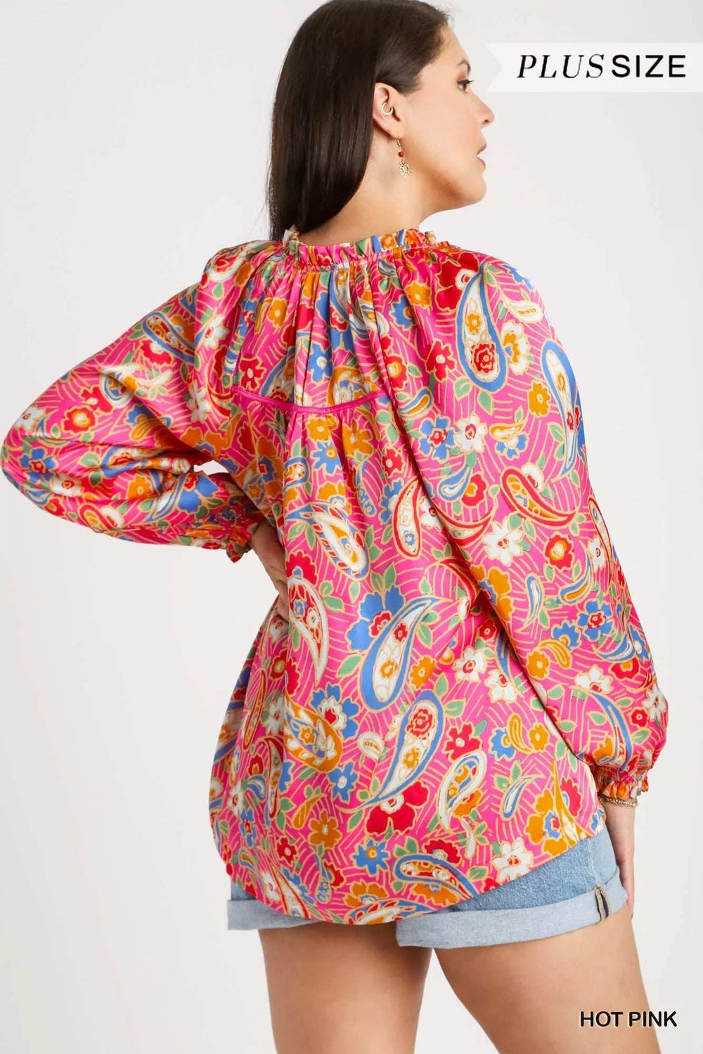 Umgee Full Size Satin Paisley Ruffle Neck Button-Up Shirt Plus Size - Trendsi - Flyclothing LLC