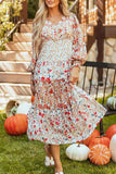 Full Size Printed V-Neck Lantern Sleeve Midi Dress - Trendsi - Flyclothing LLC