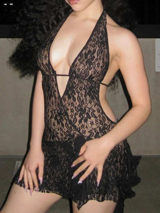 Backless Lace Halter Neck Mini Dress - Trendsi - Flyclothing LLC