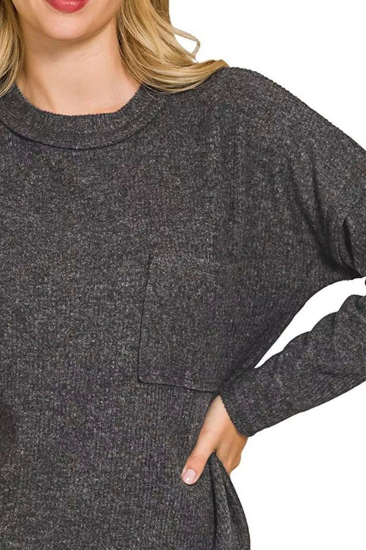 Zenana Ribbed Brushed Melange Hacci Sweater with Chest Pocket - Trendsi - Flyclothing LLC