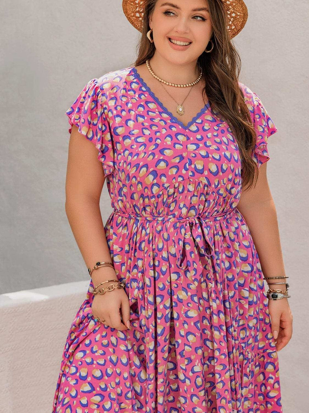 Plus Size Printed V-Neck Flutter Sleeve Tie Waist Maxi Dress - Trendsi - Flyclothing LLC
