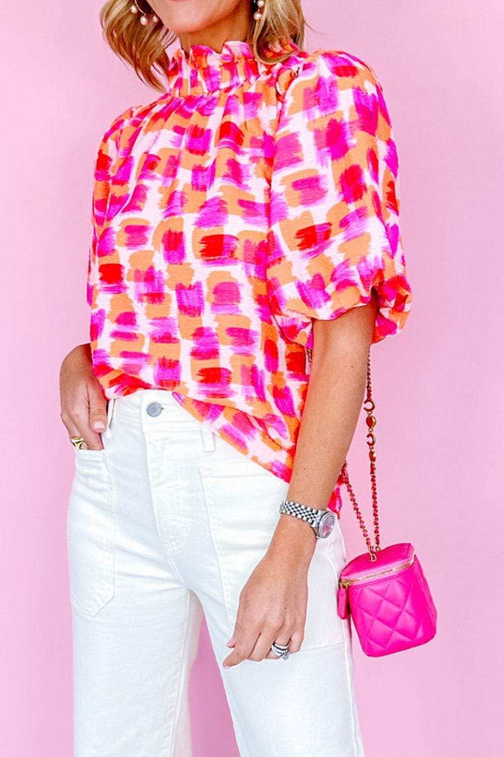 Abstract Print Button Back Ruffed Mock Neck Blouse - Trendsi - Flyclothing LLC