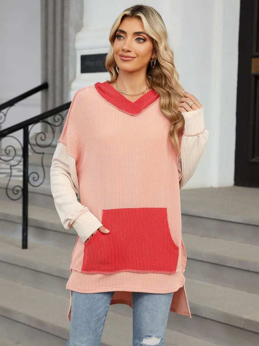 Double Take Contrast Hooded Long Sleeve Top - Trendsi - Flyclothing LLC