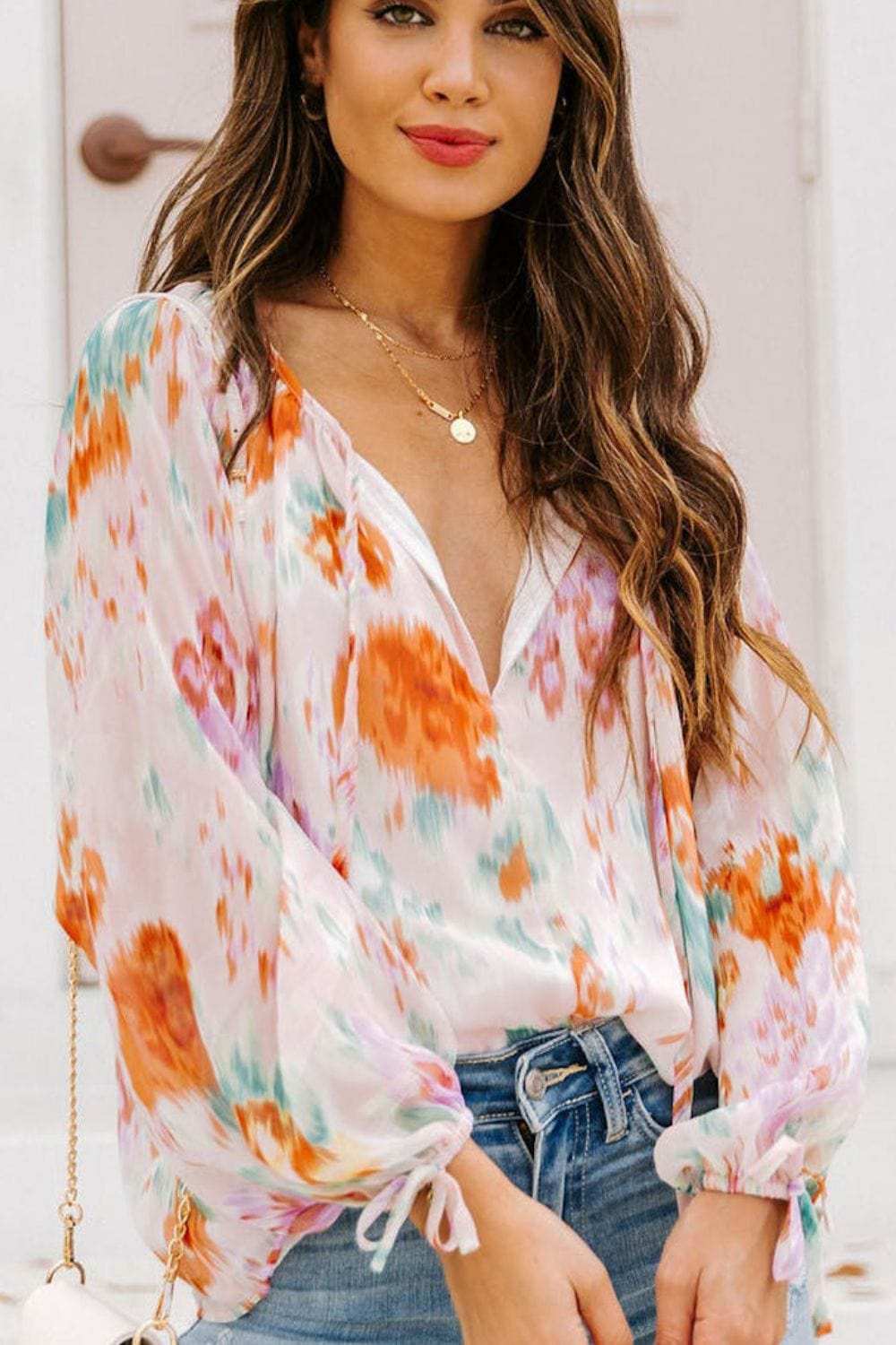 Printed Tie Neck Long Sleeve Blouse - Trendsi - Flyclothing LLC