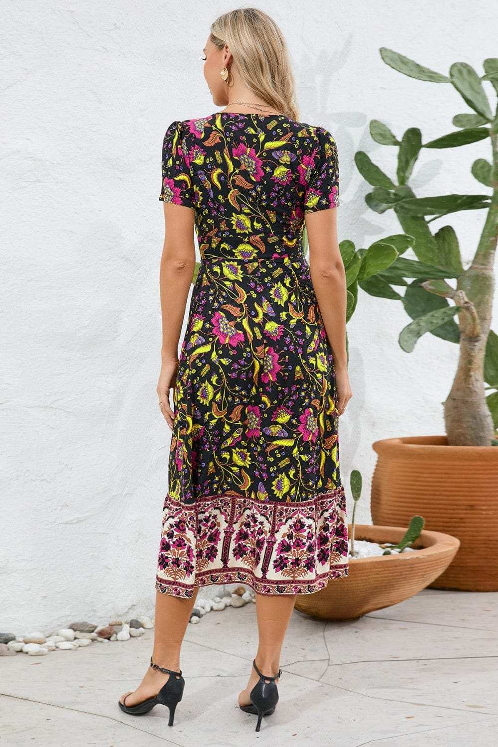 Printed Surplice Short Sleeve Dress - Trendsi - Flyclothing LLC