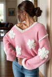 Flower V-Neck Dropped Shoulder Sweater - Trendsi - Flyclothing LLC