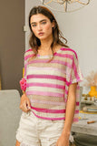 BiBi Striped Openwork Short Sleeve Knit Cover Up - Trendsi - Flyclothing LLC