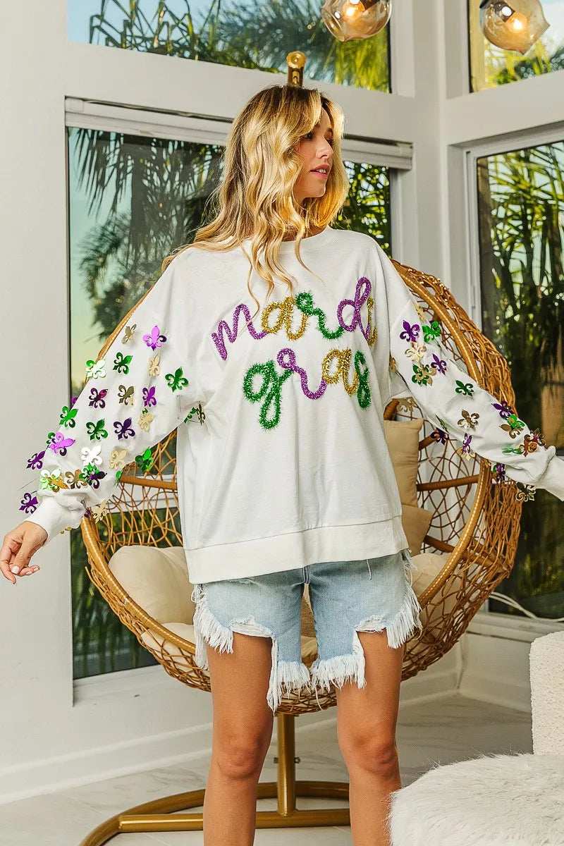 BiBi Fleur De Lis Sleeve Mardi Gras Pullover - Trendsi - Flyclothing LLC
