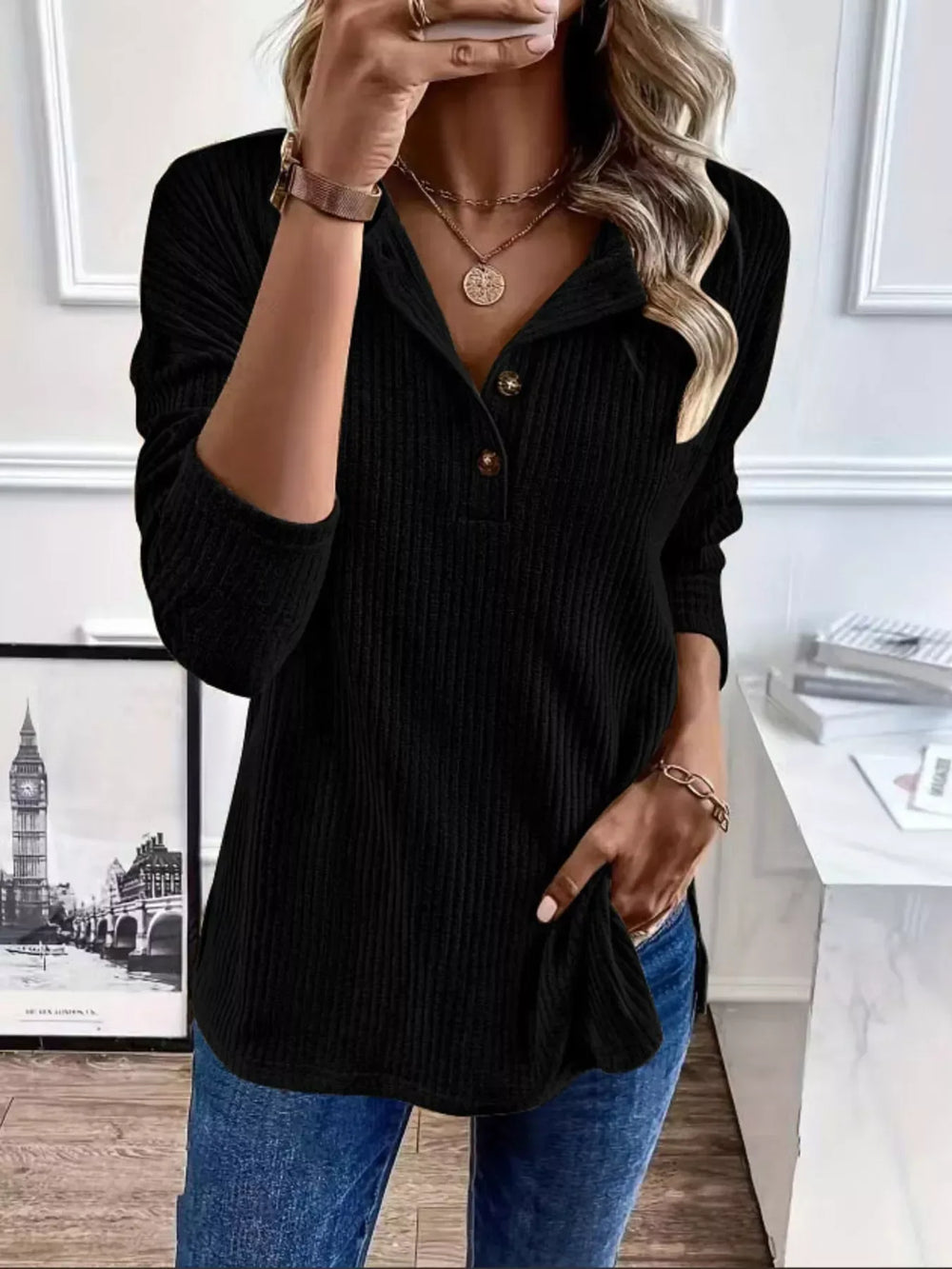 Button-Detail Dropped Shoulder Top - Trendsi - Flyclothing LLC