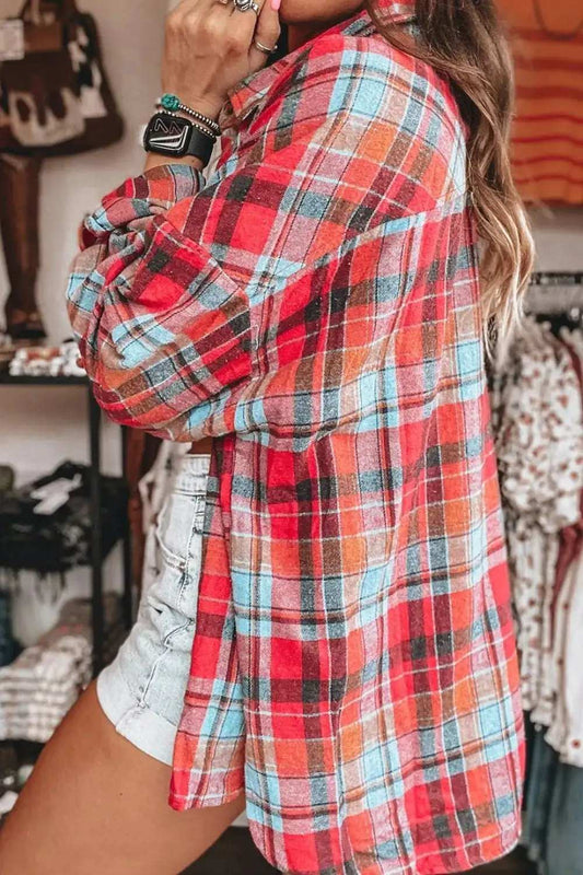 Plaid Collared Neck Long Sleeve Shirt - Trendsi - Flyclothing LLC