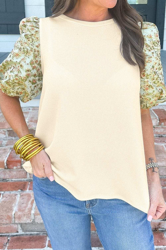 Floral Puff Sleeve Ribbed Blouse - Trendsi - Flyclothing LLC