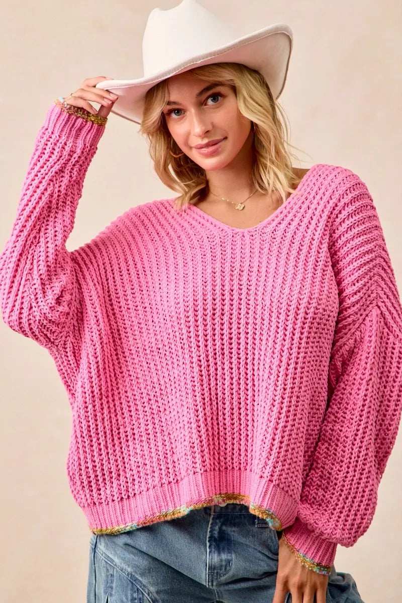 BiBi V-Neck Sweater with Colorful Trim - Trendsi - Flyclothing LLC