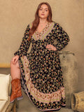 Plus Size Floral V-Neck Balloon Sleeve Dress - Trendsi - Flyclothing LLC