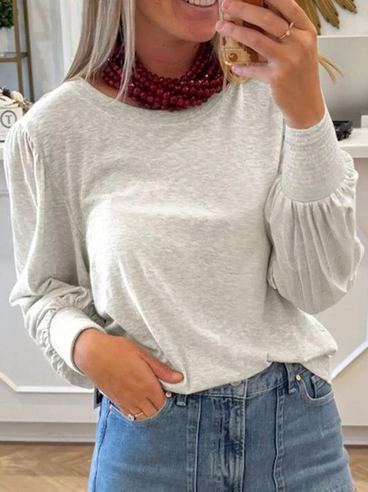 Casual Round Neck Long Sleeve Smocked Cuff Top - Trendsi - Flyclothing LLC