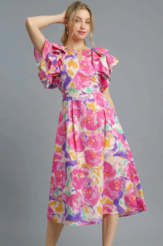 Umgee Floral Ruffled Cap Sleeve Midi Dress - Trendsi - Flyclothing LLC