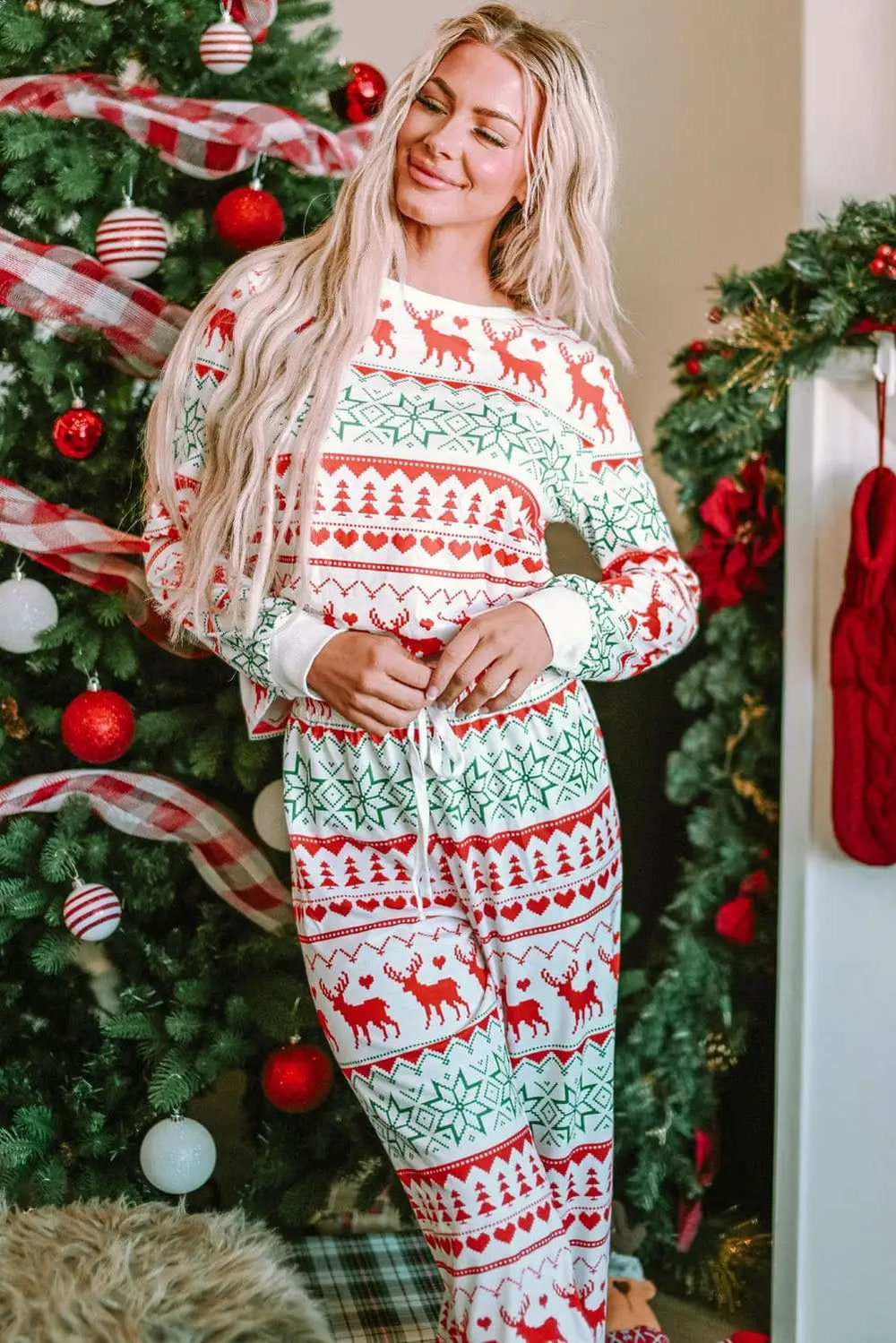 Christmas Element Round Neck Top and Pants Lounge Set - Trendsi - Flyclothing LLC