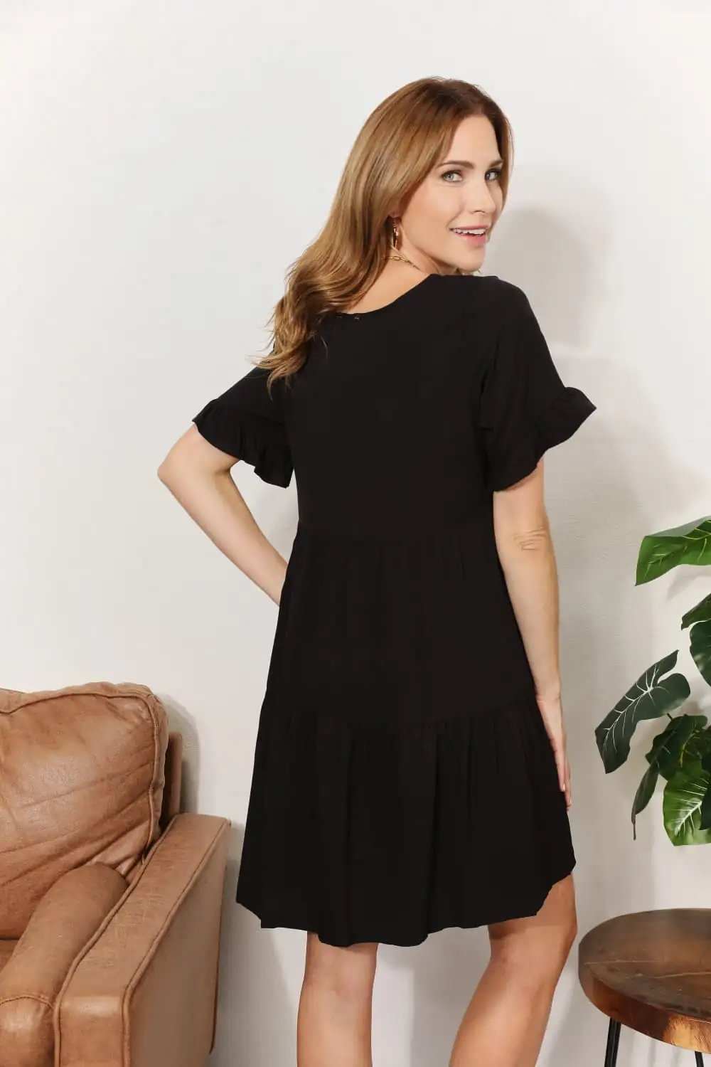 Mandy V-Neck Flounce Sleeve Tiered Dress - Trendsi - Flyclothing LLC
