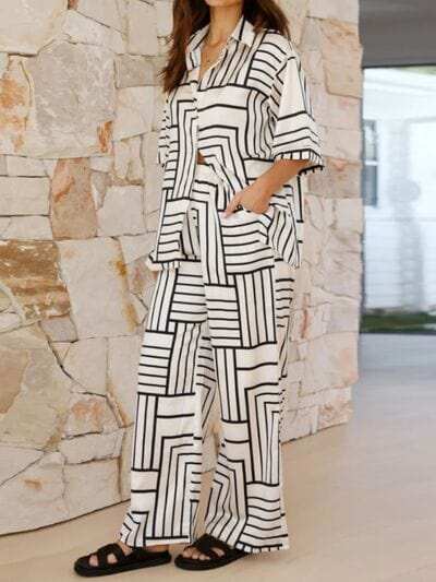 Button Down Half Sleeve Top and Pants Set - Trendsi - Flyclothing LLC