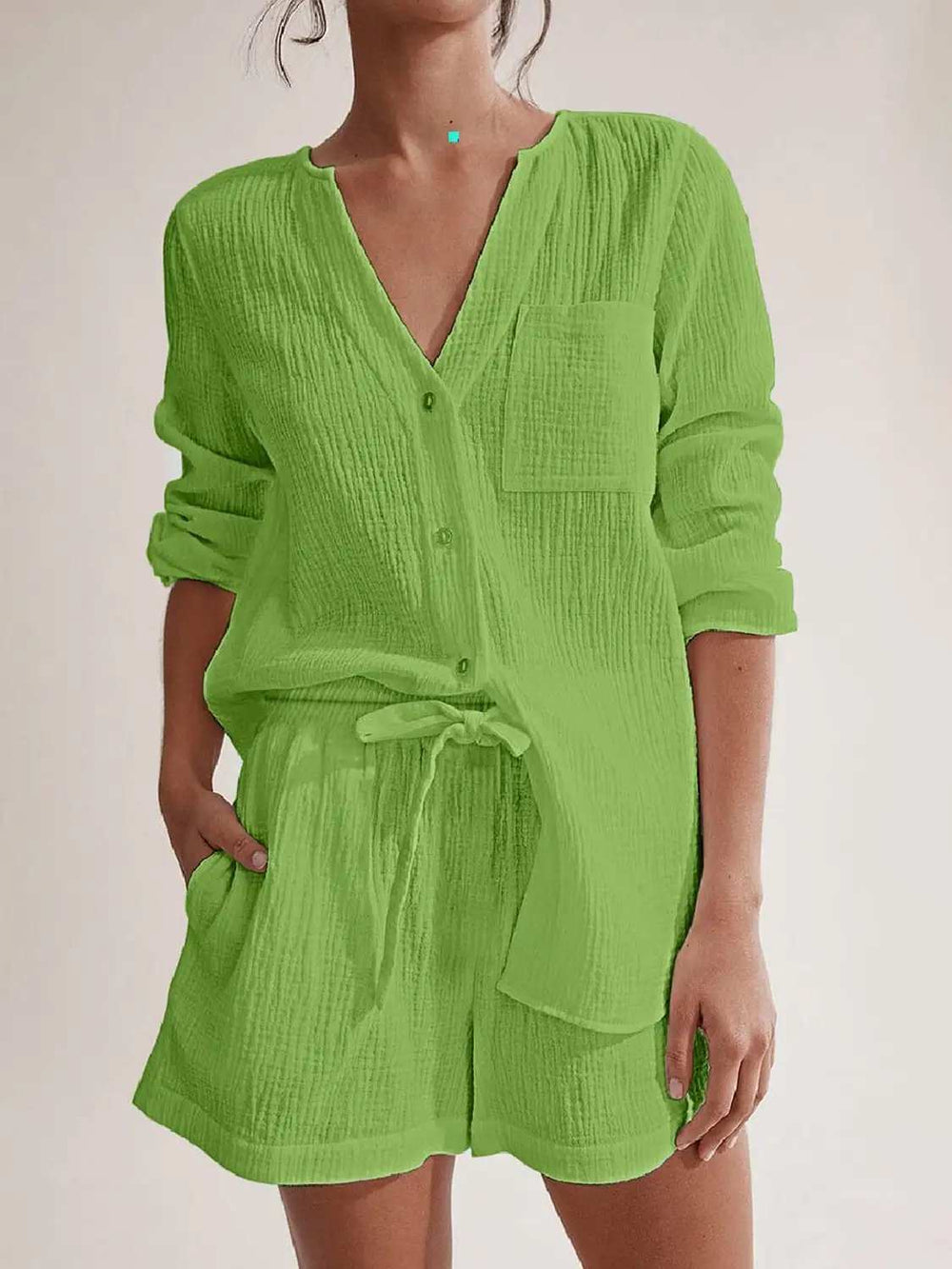 Notched Long Sleeve Top and Shorts Set - Trendsi - Flyclothing LLC