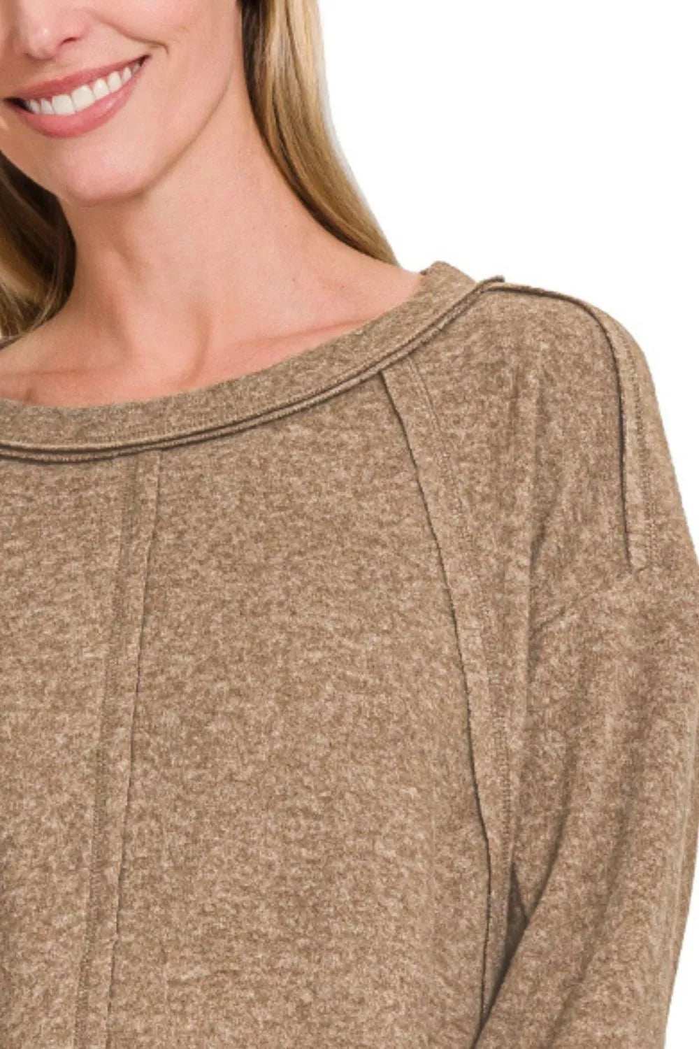 Zenana Brushed Hacci Exposed Seam Hi Low Sweater - Trendsi - Flyclothing LLC