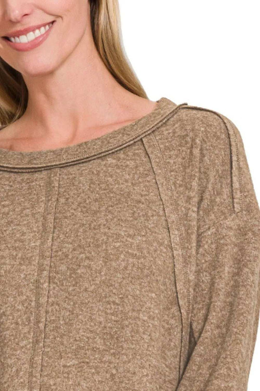 Zenana Brushed Hacci Exposed Seam Hi Low Sweater - Trendsi - Flyclothing LLC
