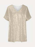 Full Size Sequin V-Neck Short Sleeve Top - Trendsi - Flyclothing LLC