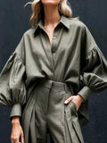 Lantern Sleeve Shirt and Wide Leg Pants Set - Trendsi - Flyclothing LLC