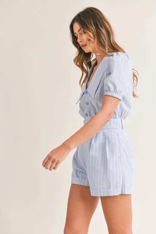 MABLE Striped Puff Sleeve Collared Neck Romper - Trendsi - Flyclothing LLC