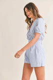 MABLE Striped Puff Sleeve Collared Neck Romper - Trendsi - Flyclothing LLC