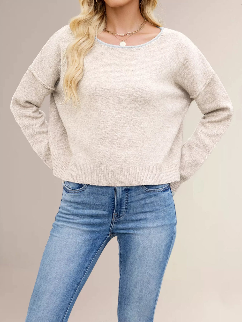 Round Neck Dropped Shoulder Sweater - Trendsi - Flyclothing LLC