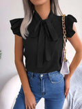 Ruffled Tie Neck Cap Sleeve Blouse - Trendsi - Flyclothing LLC