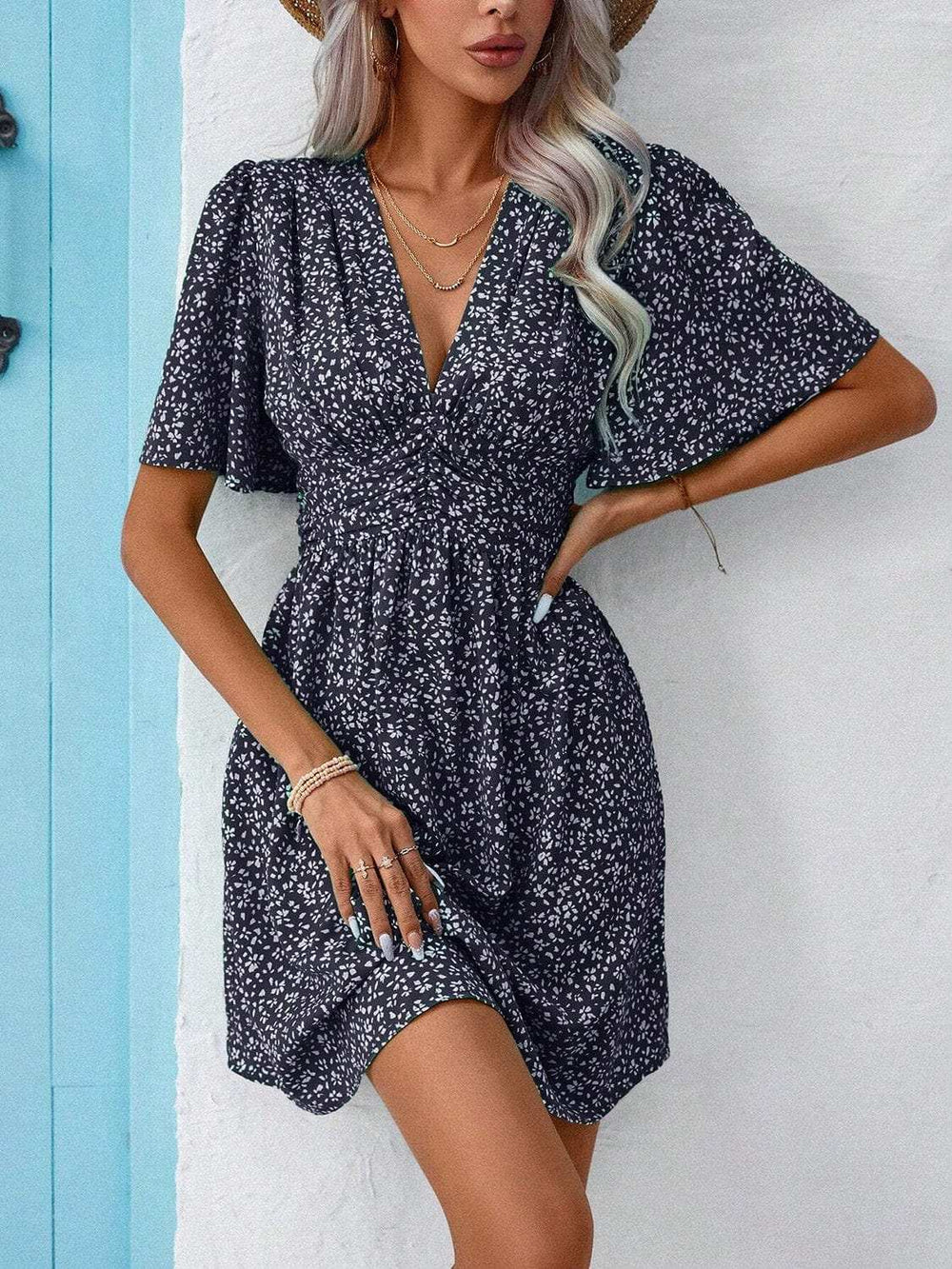 Printed V-Neck Half Sleeve Mini Dress - Trendsi - Flyclothing LLC