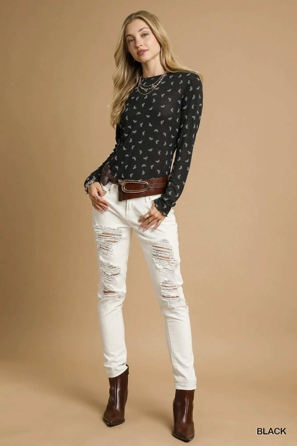 Umgee Bow Print Lightweight Knit Top - Trendsi - Flyclothing LLC