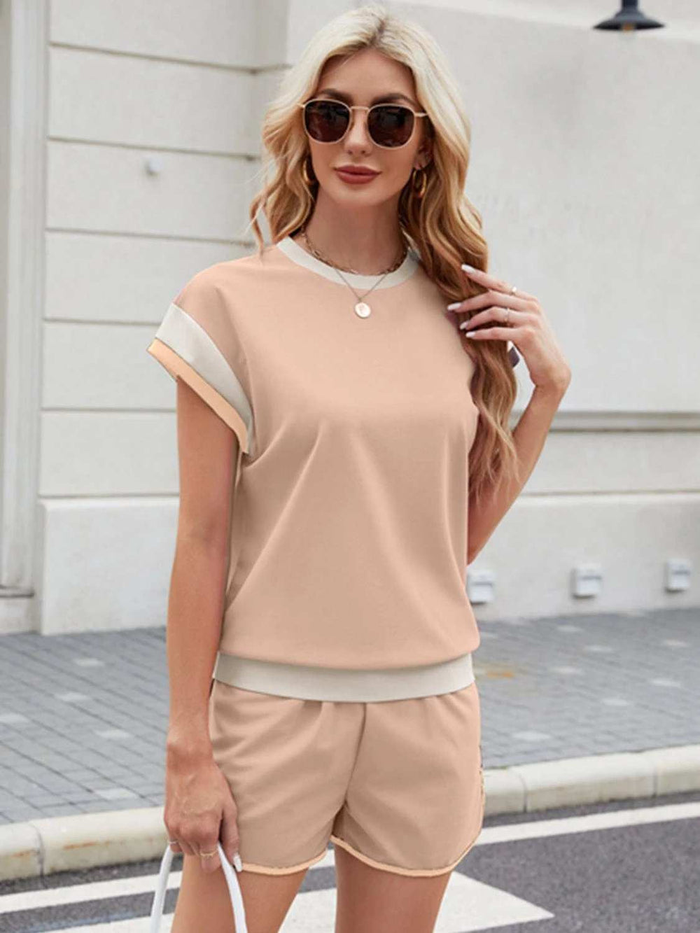 Contrast Round Neck Top and Shorts Set - Trendsi - Flyclothing LLC