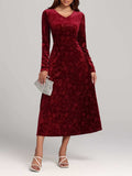 Flower Print V-Neck Long Sleeve Midi Dress - Trendsi - Flyclothing LLC