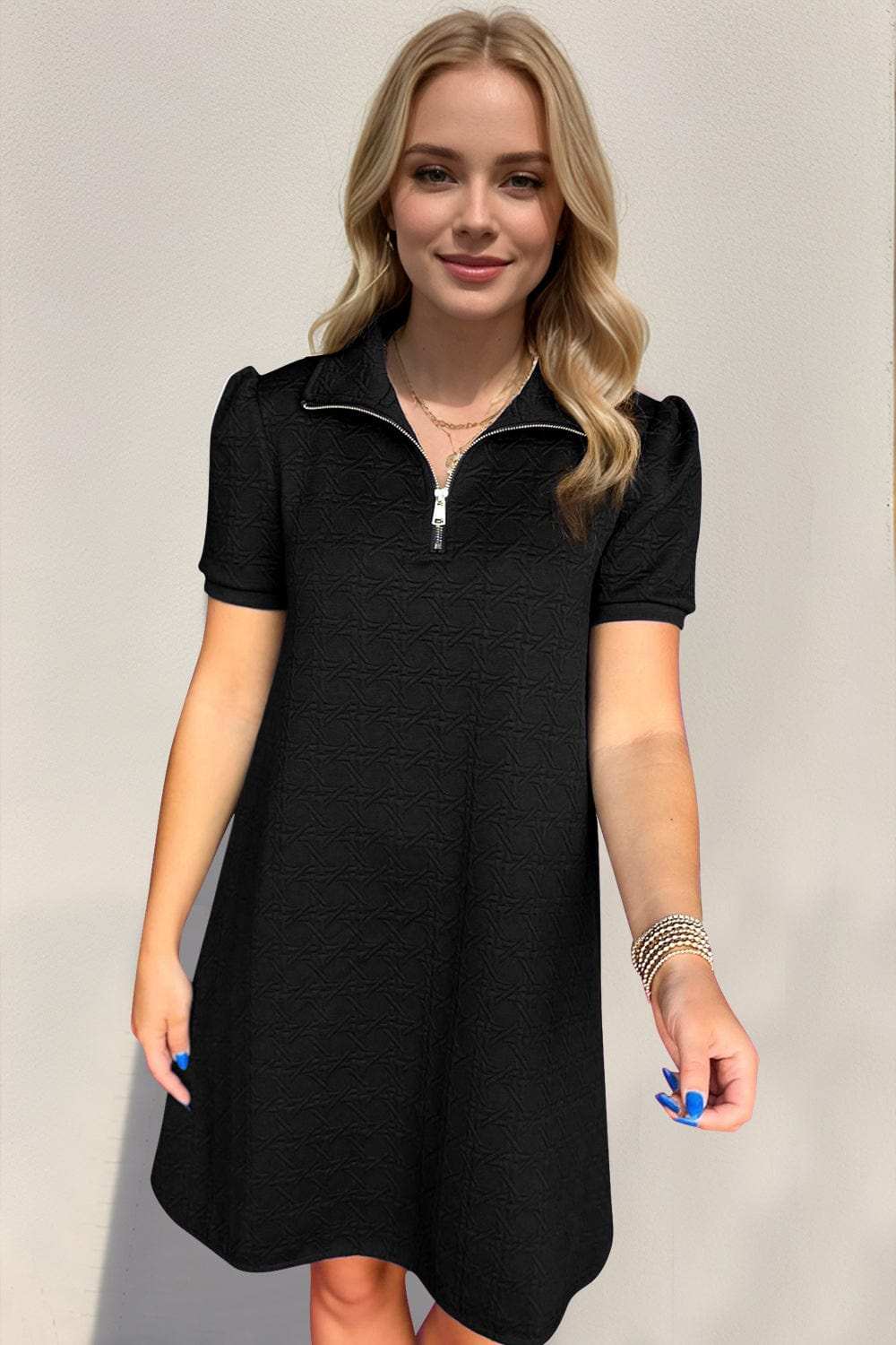 Oh Textured Quarter Zip Short Sleeve Dress - Trendsi - Flyclothing LLC