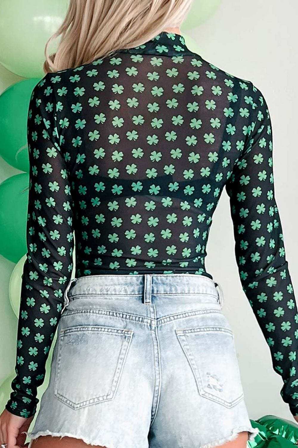 Lucky Clover Mock Neck Long Sleeve Bodysuit - Trendsi - Flyclothing LLC