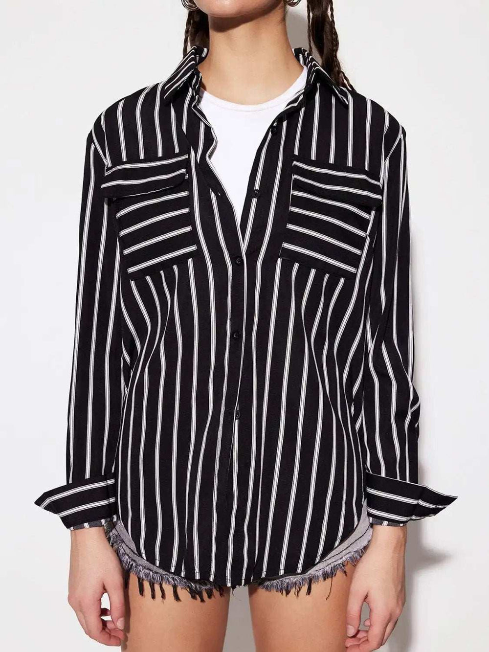 Striped Collared Neck Long Sleeve Shirt - Trendsi - Flyclothing LLC