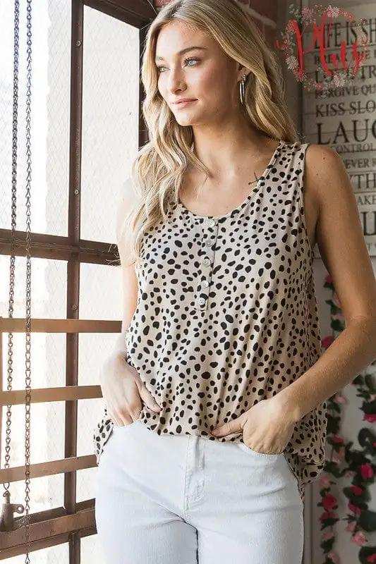 Heimish Full Size Front Button Animal Print Sleeveless Top Plus Size - Trendsi - Flyclothing LLC