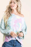 BiBi Tie Dye Terry Top with Wide Stripe Thermal Waffle - Trendsi - Flyclothing LLC