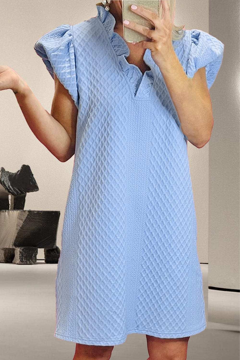 Ruffled V-Neck Cap Sleeve Mini Dress - Trendsi - Flyclothing LLC