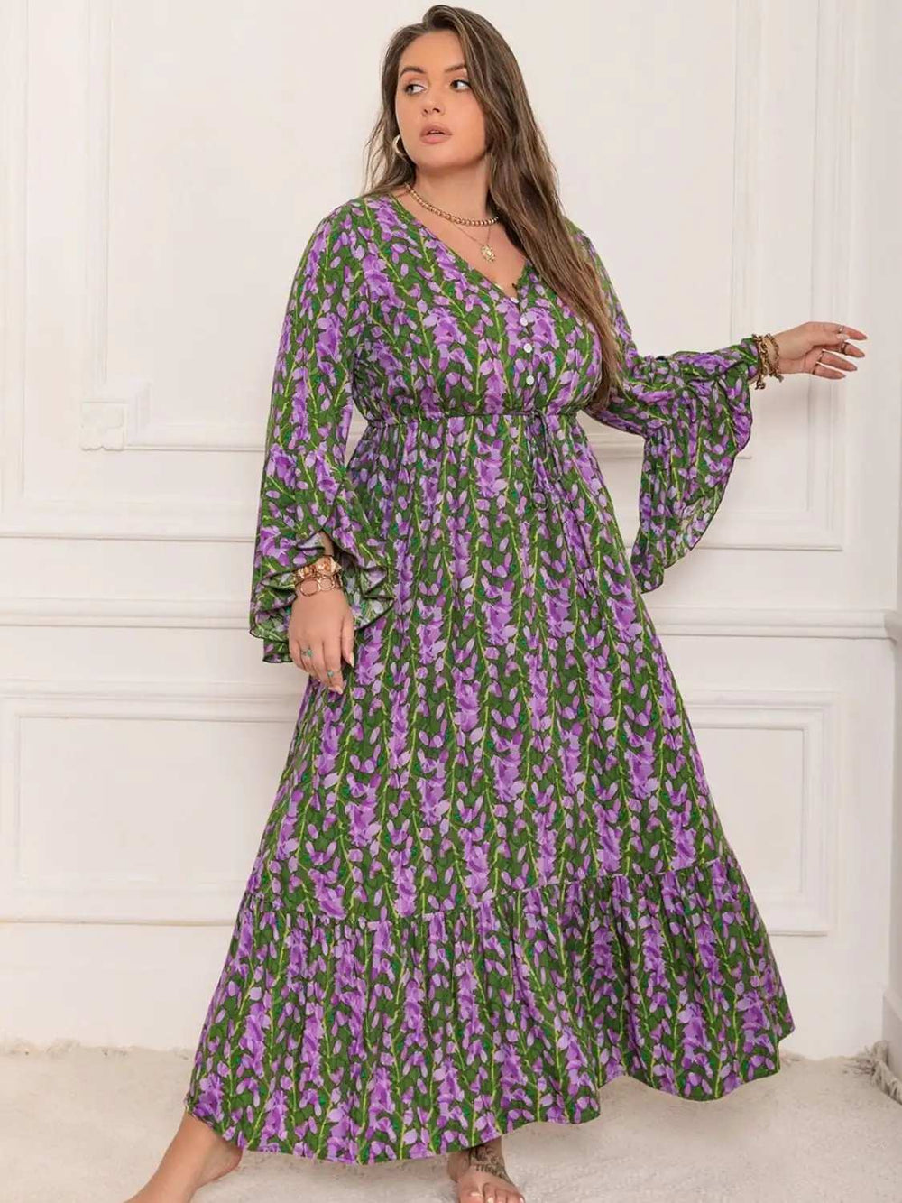 Plus Size Printed V-Neck Long Sleeve Maxi Dress - Trendsi - Flyclothing LLC