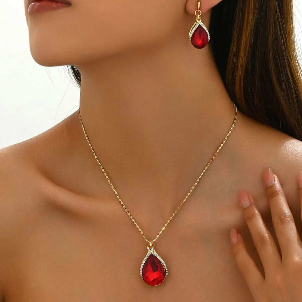 18K Gold-Plated Rhinestone Teardrop Necklace and Earrings Jewelry Set - Trendsi - Flyclothing LLC