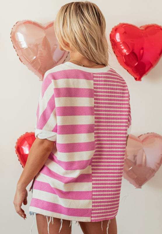 High-Low Striped Round Neck Short Sleeve T-Shirt - Trendsi - Flyclothing LLC