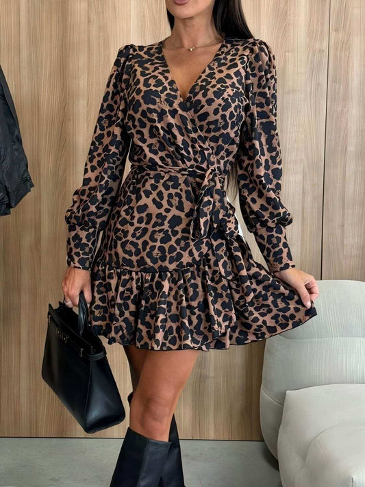 Tied Leopard Surplice Long Sleeve Dress - Trendsi - Flyclothing LLC